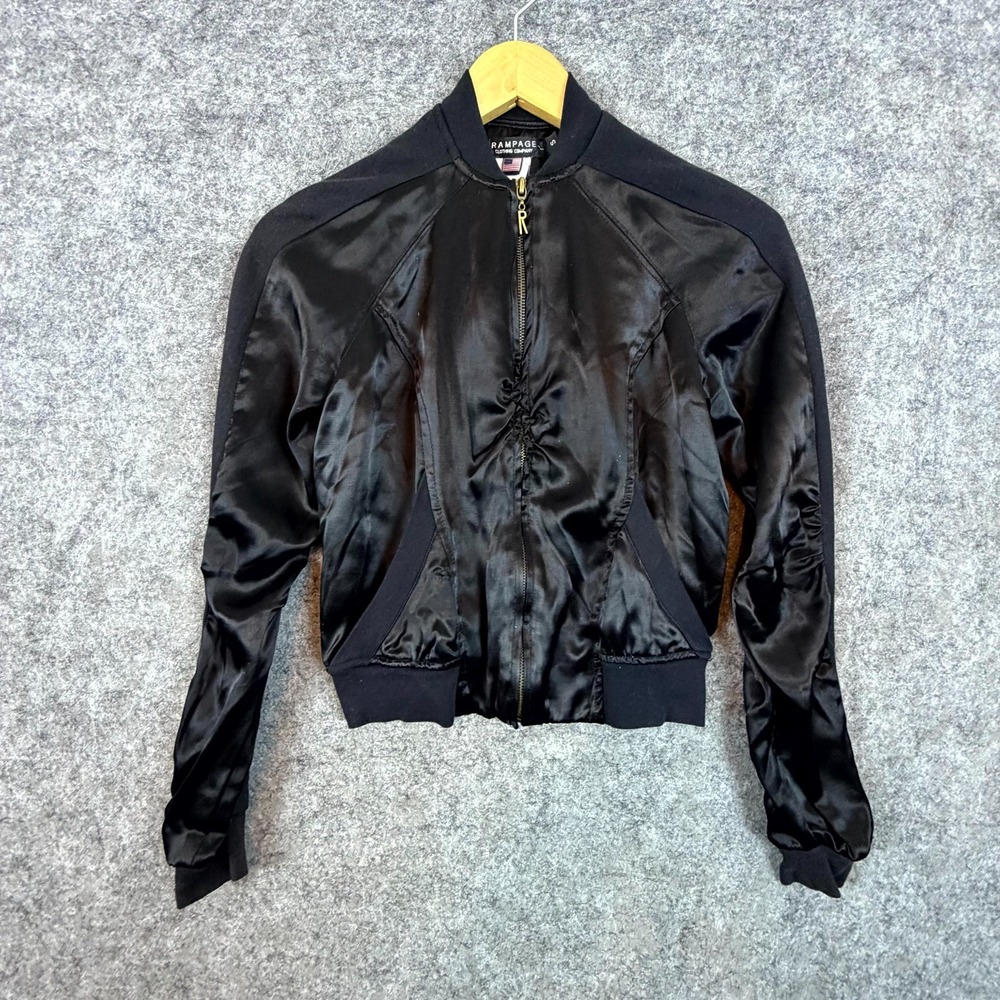 Rampage Bomber Jacket Womens Small Black Satin Long Sleeve Glam Goth Full Zip